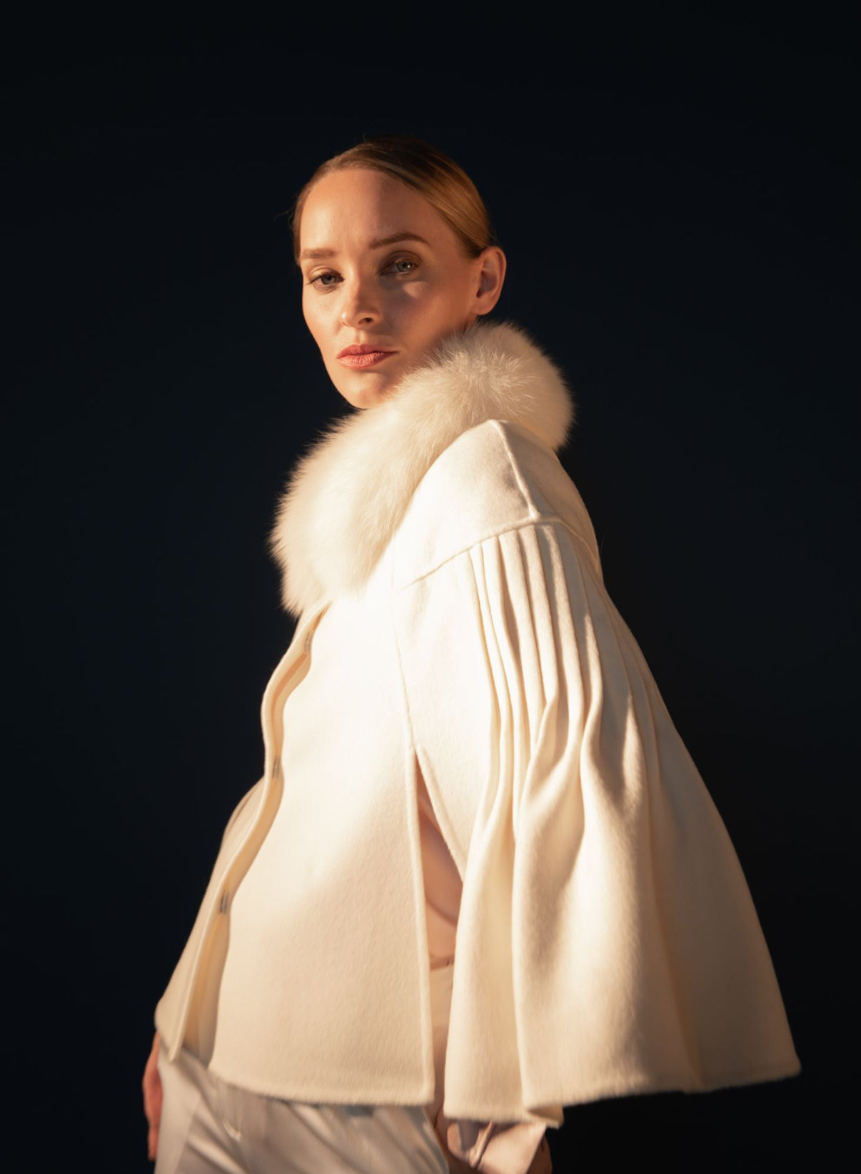 Italian Wool and Cashmere Capelet with Fox Trim