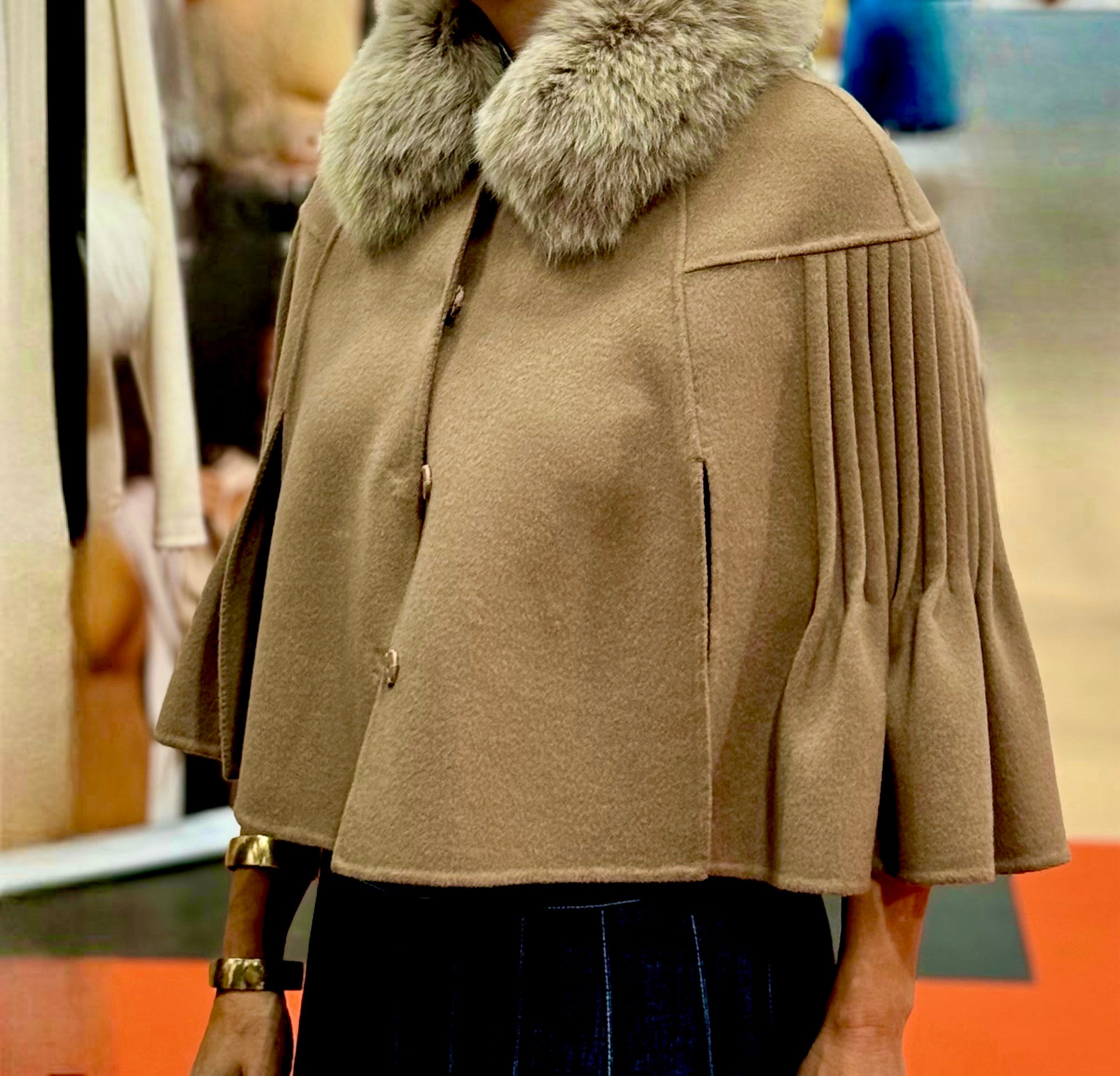 Italian Wool and Cashmere Capelet with Fox Trim