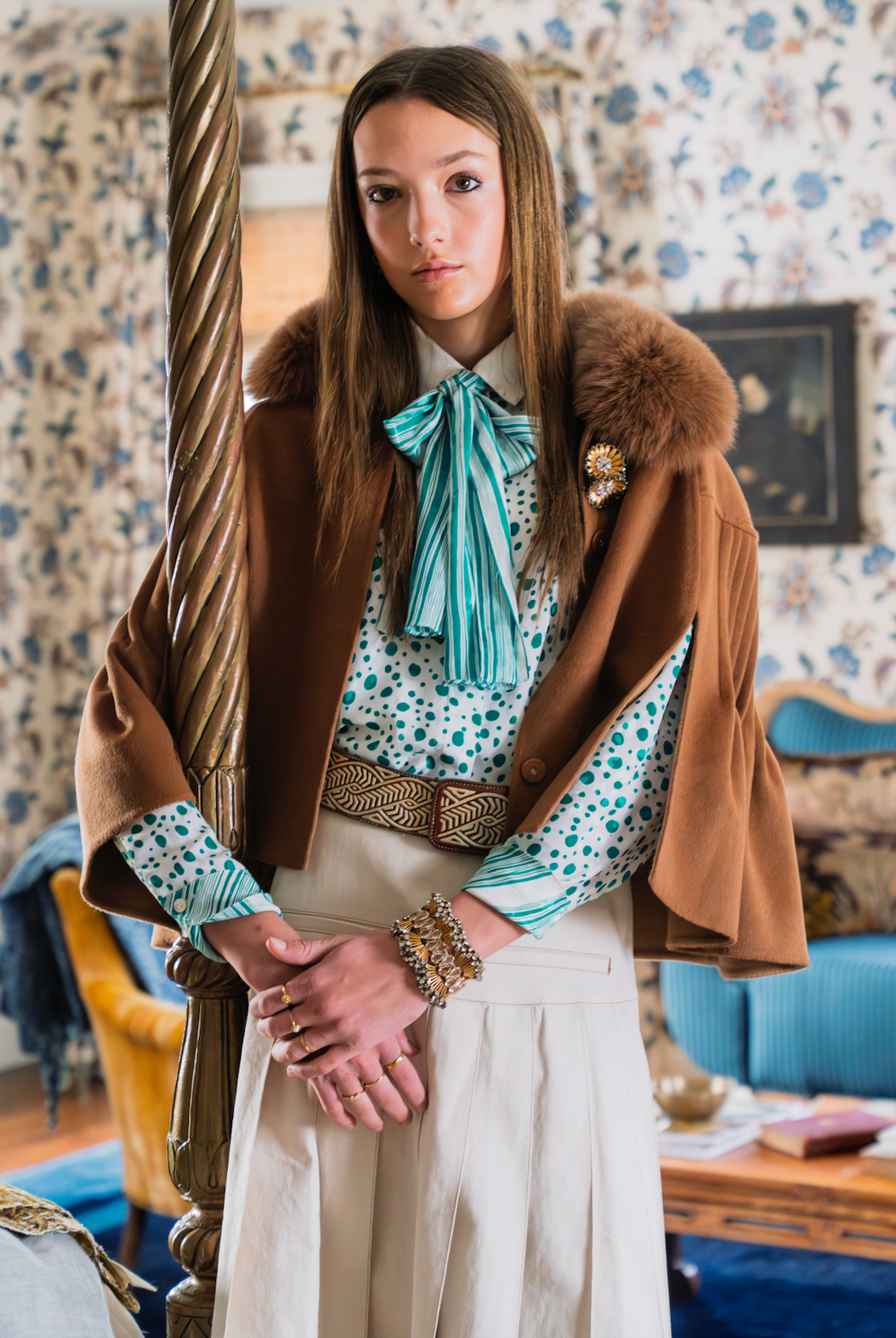 Italian Wool and Cashmere Capelet with Fox Trim