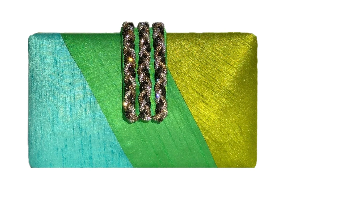 Key Lime Braided Fringe Clutch front view with turquoise emerald and lime silk color blocking