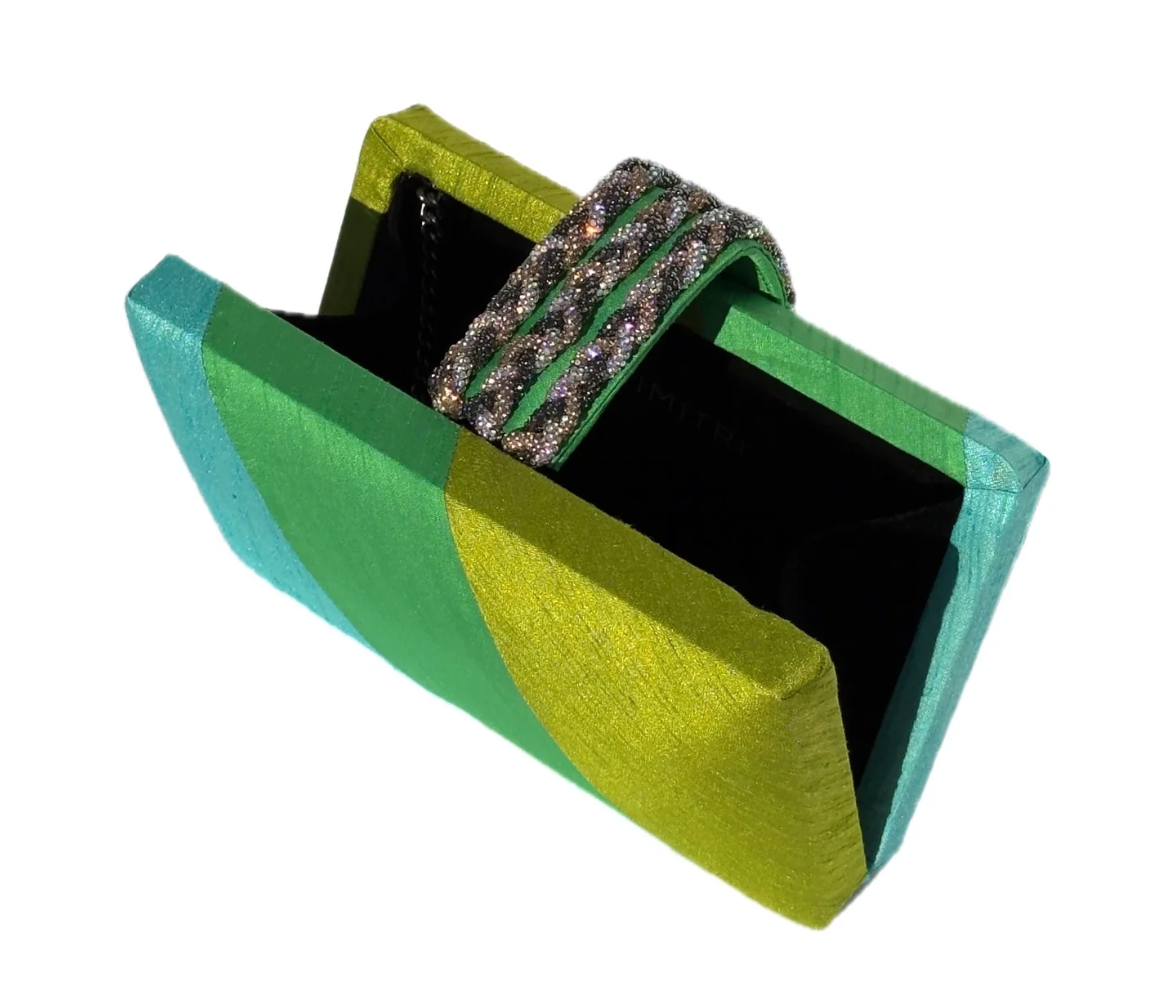 Key Lime Braided Fringe Clutch open showing velvet lining and crystal braided flap