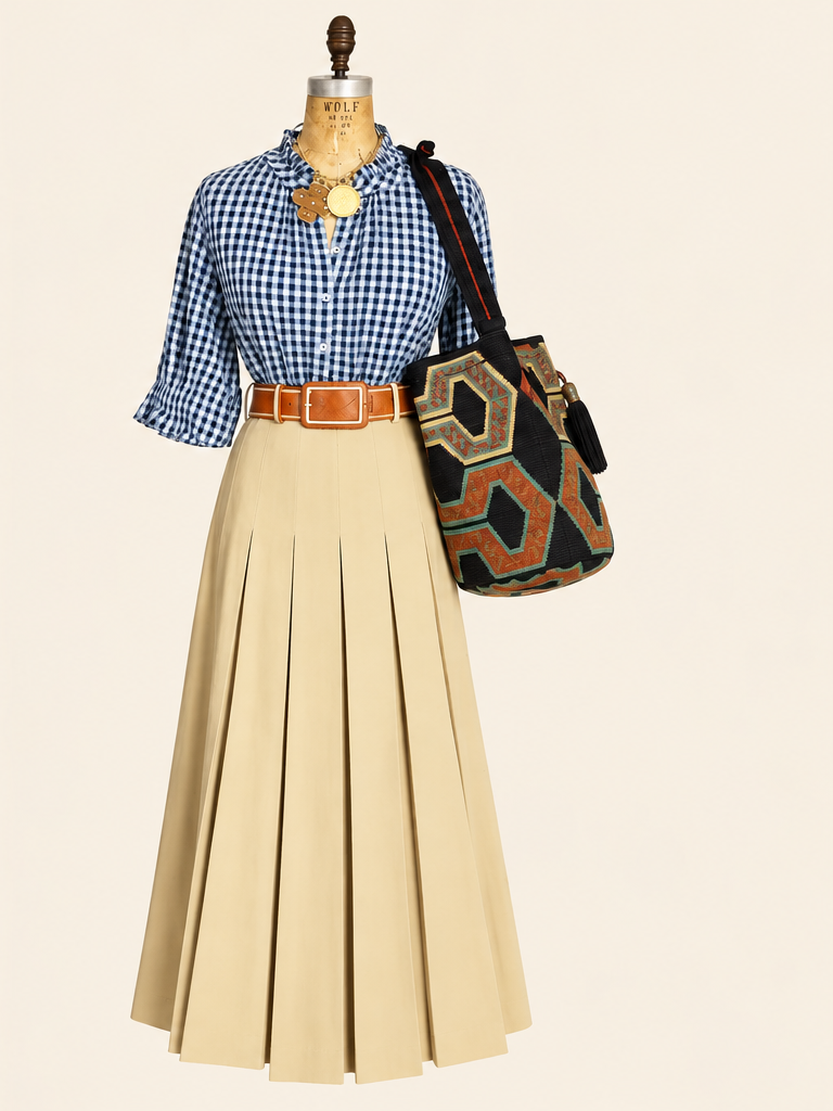 Safari skirt styled with gingham blouse