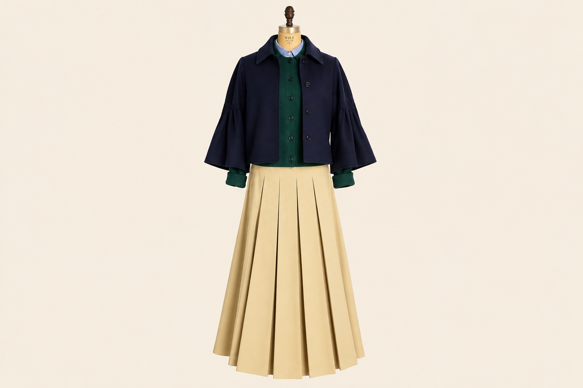 Safari Pleated Tea Length Skirt styled with navy cape and green cardigan, clean background